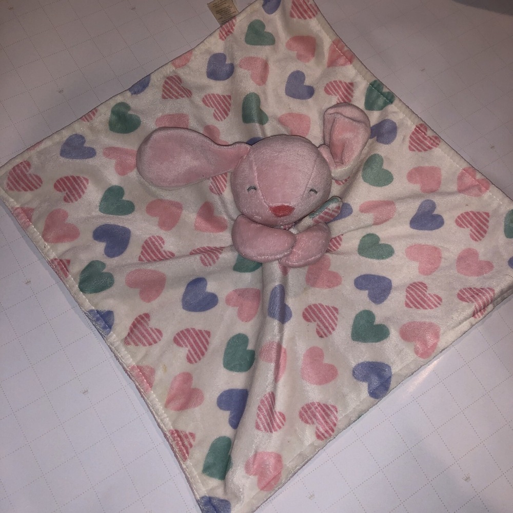Carter's Pink Bunny Rabbit Lovey Holding Blanket Pink Purple Aqua Hearts